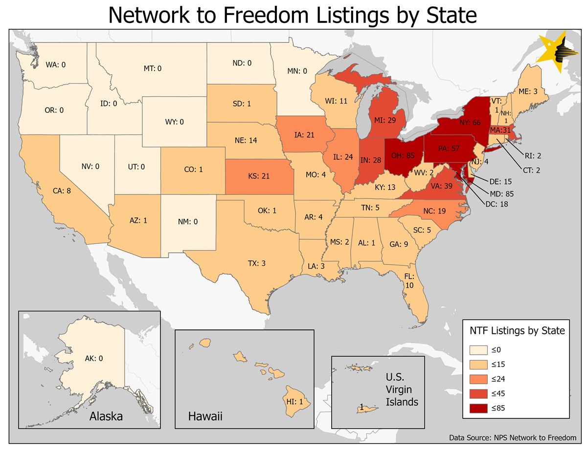 Network to Freedom listings. A map showing the number of Network to Freedom listings by state.