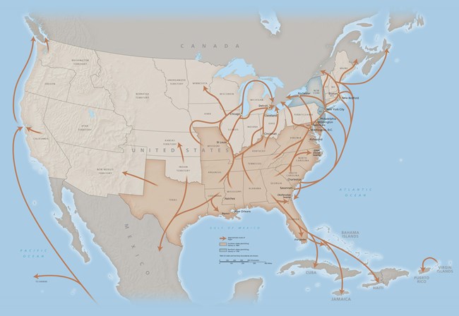 The United States map with arrows pointing where freedom seekers would escape to.