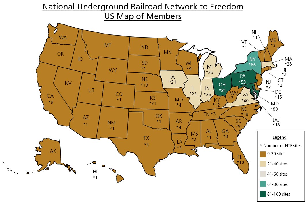 A map of the United States displaying numbers of Network to Freedom sites in each state and color coded, accordingly. A map of the United States displaying numbers of Network to Freedom sites in each state and color coded, accordingly.