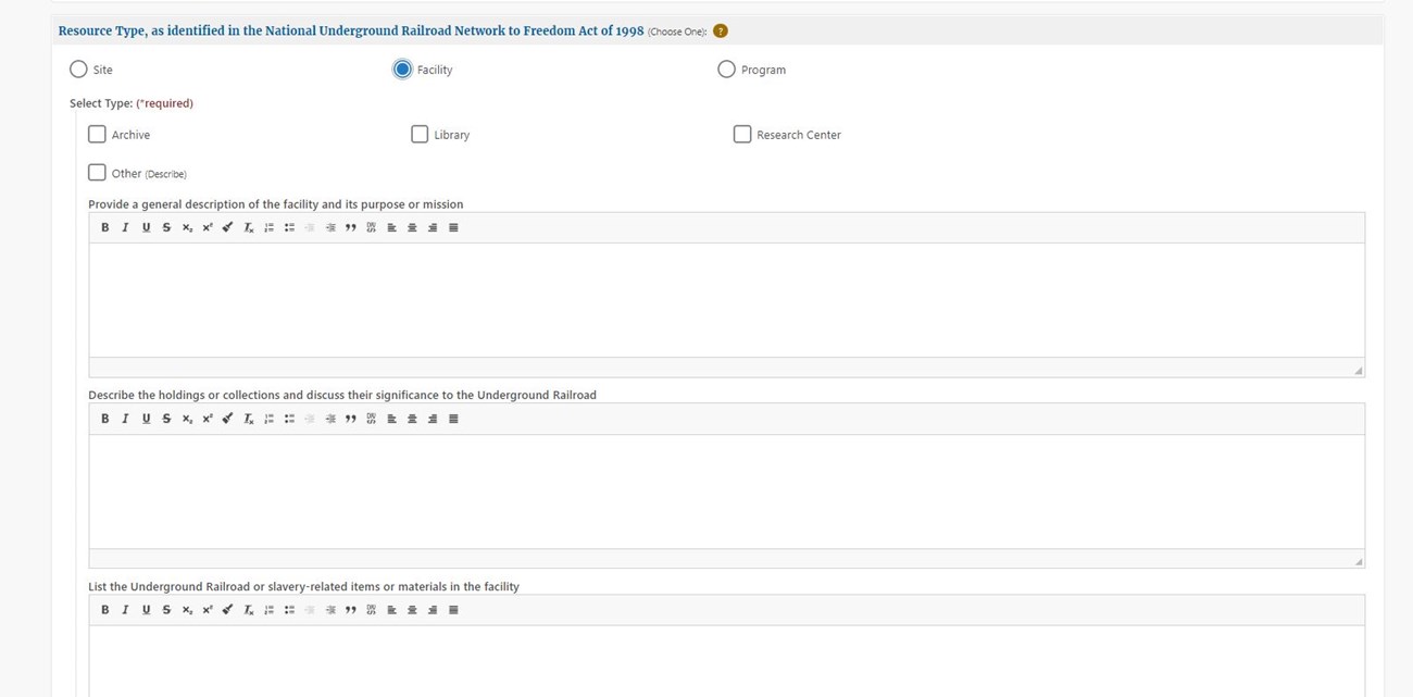 This is a screen shot of the Network to Freedom Application specific to "Facilities"(full, accessible version available for download at top of the page). The page reveals a complex table with 1 field to be filled by the applicant. Fields described below.