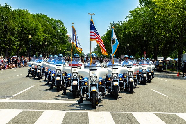 USPP Parade U.S. Park Police officers in a mortocycle formation on a parade route