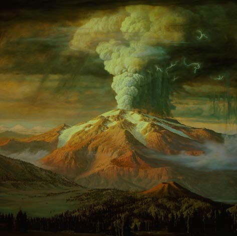 painting of a volcanic mountain eruption