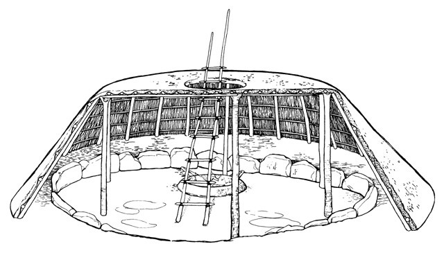 drawing of a native american pithouse home