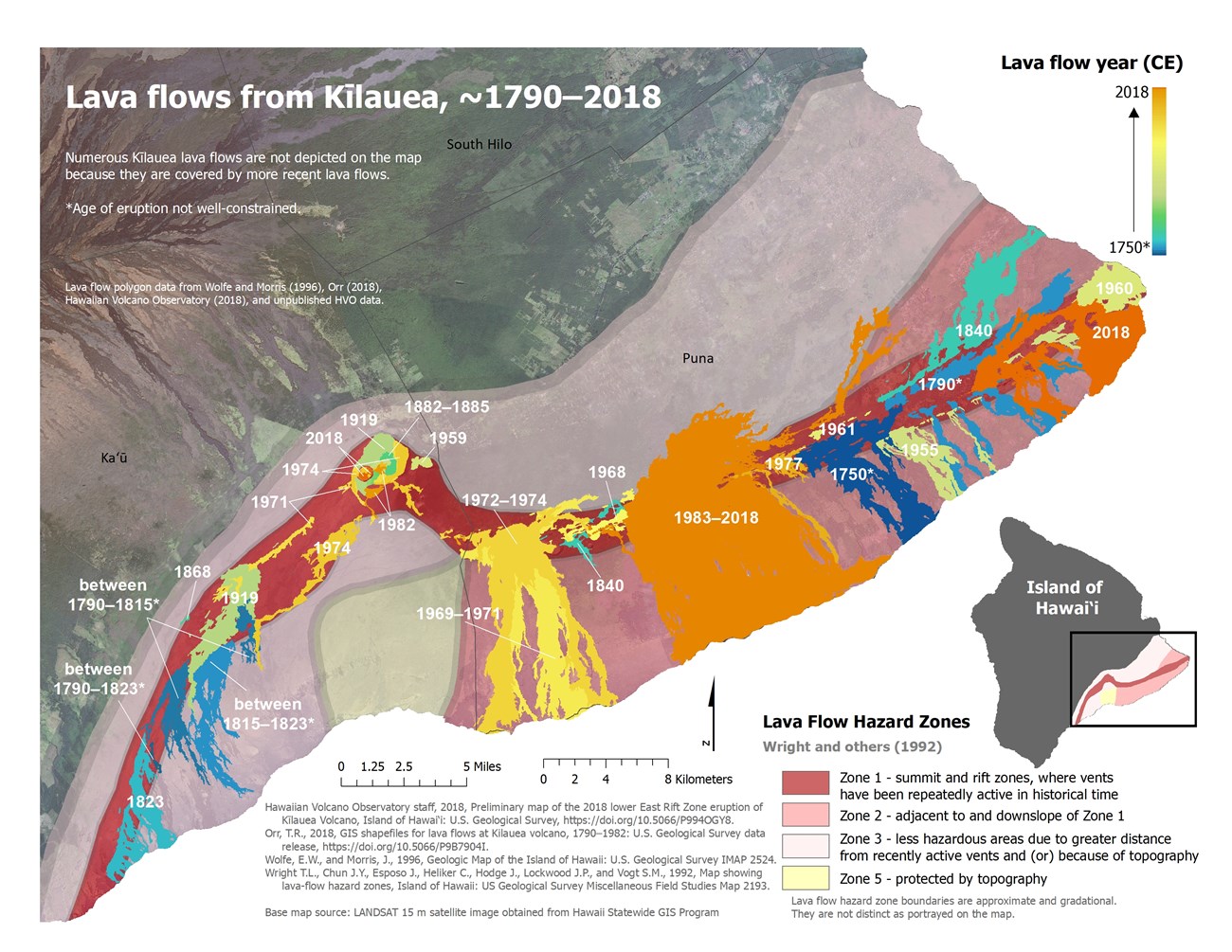 Map showing the subaerial extents of historical lava flows from Kīlauea. Lava flow hazard zones and districts of the County of Hawai‘i are also depicted.