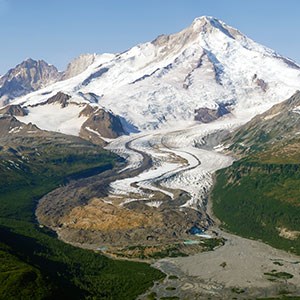 photo of a volcanic mountain covered with snow and ice.