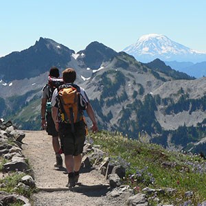 Photo of hikers walking toward a snowcapped volcanic mountain.