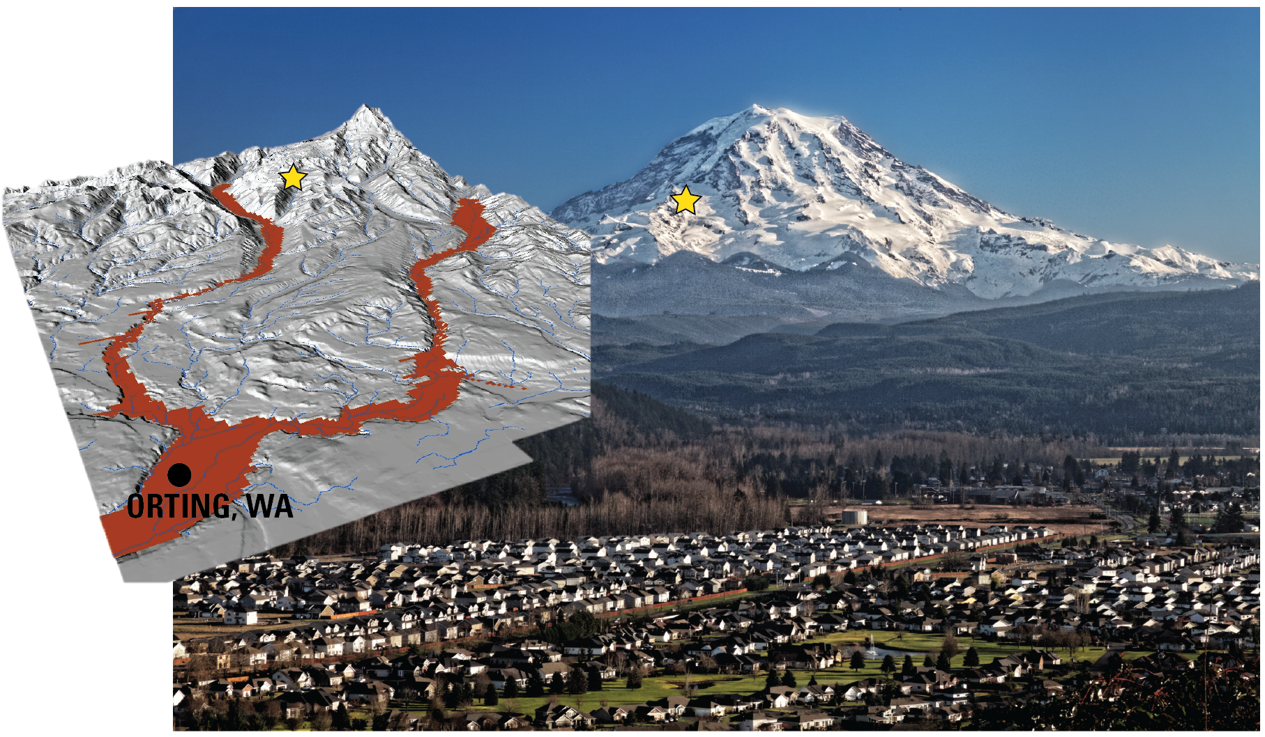 MORA vhp_img3293 Photo of a volcanic mountain with an overlay map of potential lahar flow path.