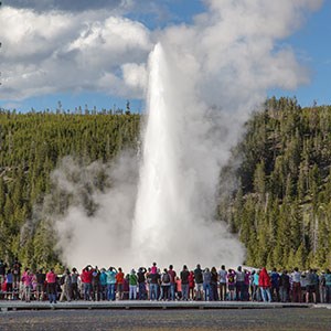 Photo of a crowd of people watching old faithful geyser erupting.
