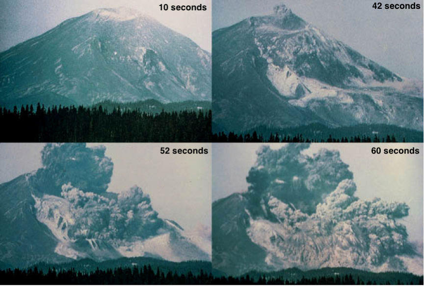 4 photographs show sequential changes during the eruption of a volcanic mountain.