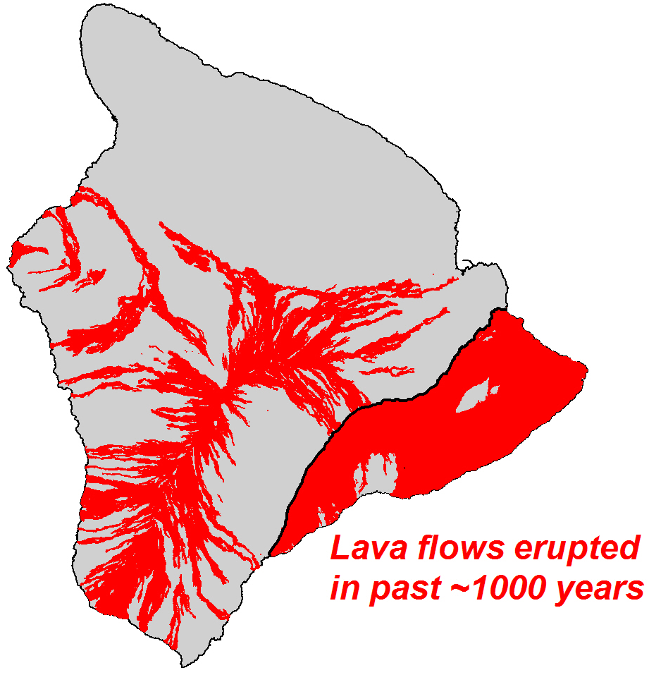 map outline of the island of Hawaii showing recent lava flows in red covering much of the southern half of the island.