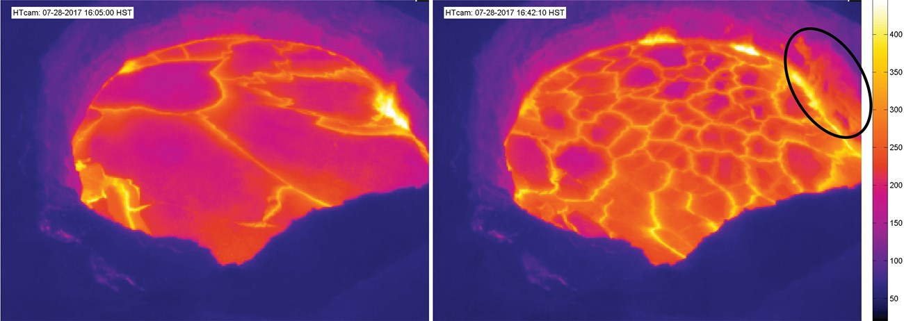 vhp_img5640 Side-by-side thermal images of a lava lake showing hotspots changing.