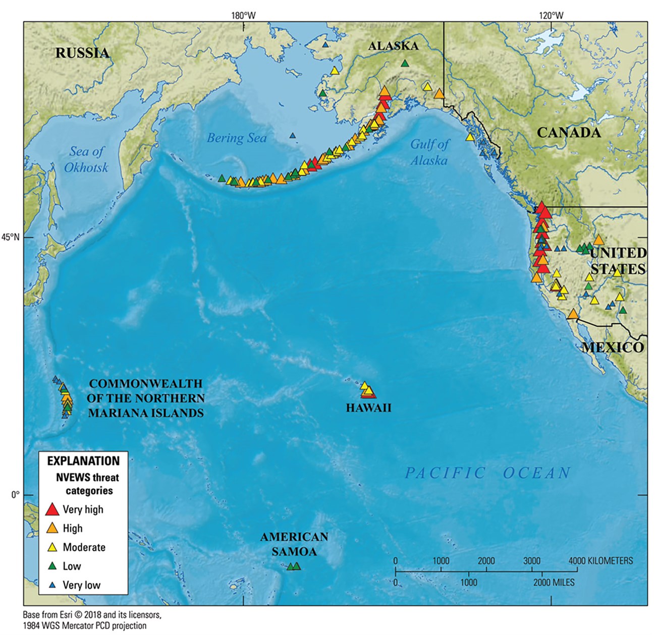 volcano-threat-map-Picture1 Map of pacific rim volcanoes with symbols for volcanic threat level.