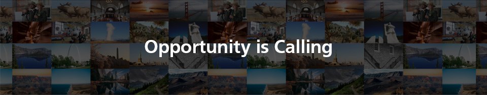 A collection of thumbnails of images from national park sites and the words "Opportunity is Calling."