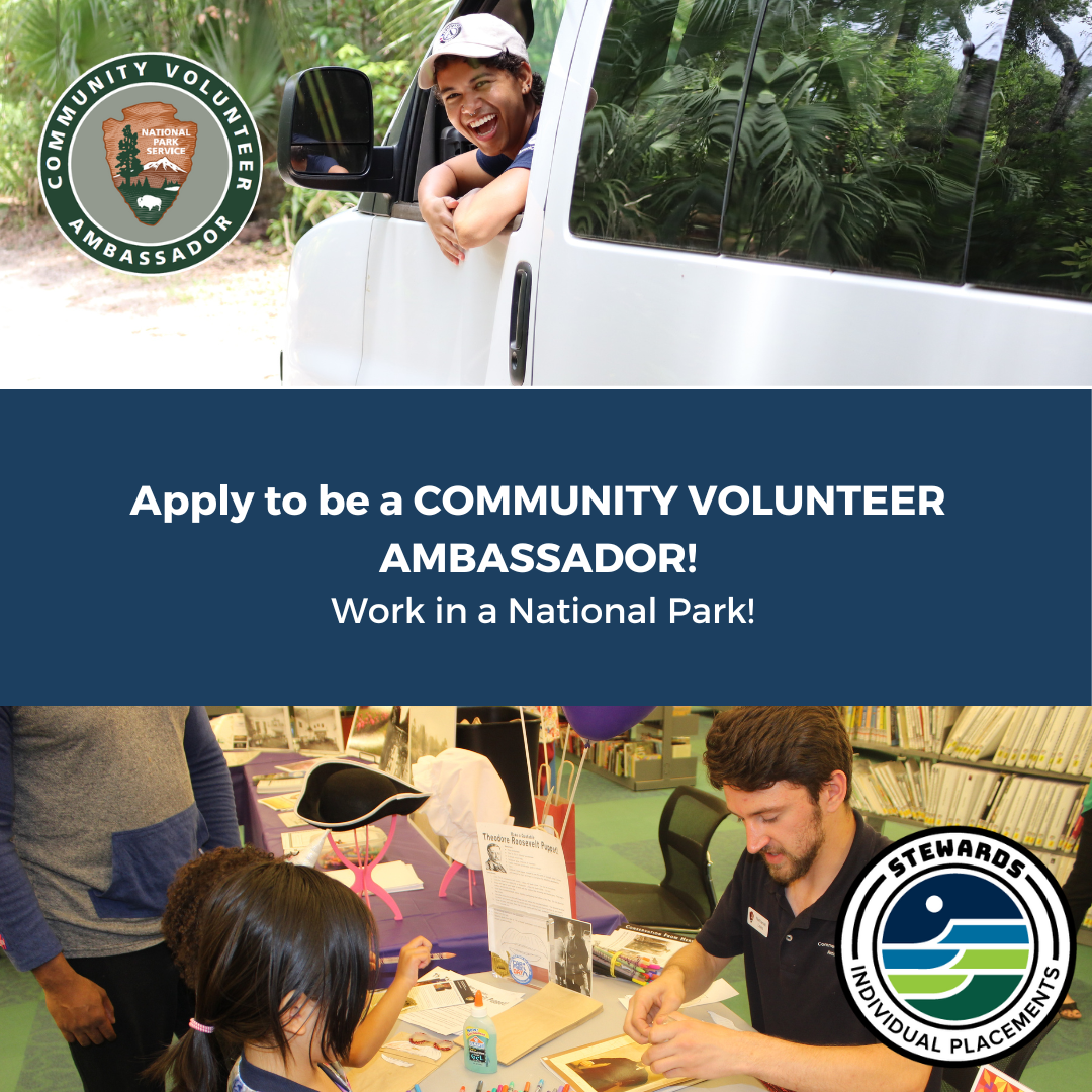 CVA Program Promotion Photo collage of two Community Volunteer Ambassadors (CVAs)s. On the top, a CVA is outdoors leaning out of the driver’s side window of a parked van. The Community Volunteer Ambassador official logo is on the left side of the image. Below the first photo
