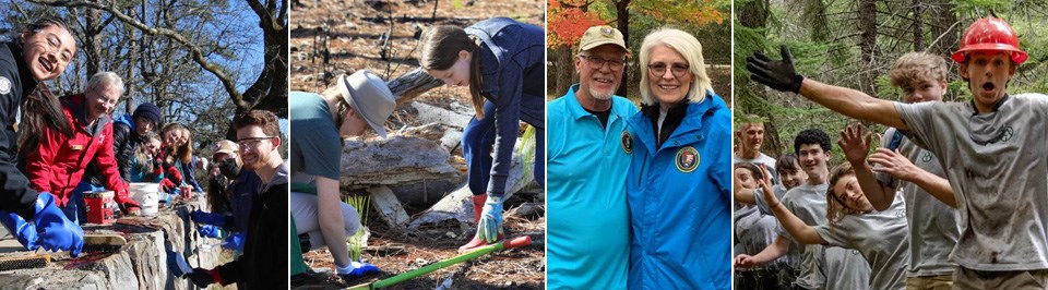 Volunteer News and Stories header A montage of four images of volunteers cleaning a wall, planting, and smiling for a photo outside.