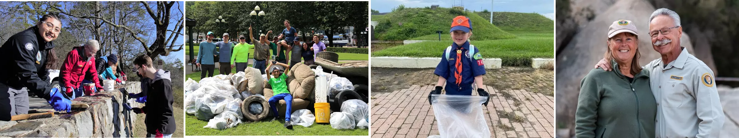 a montage of images of volunteers cleaning a wall, collecting debris and smiling for a photo