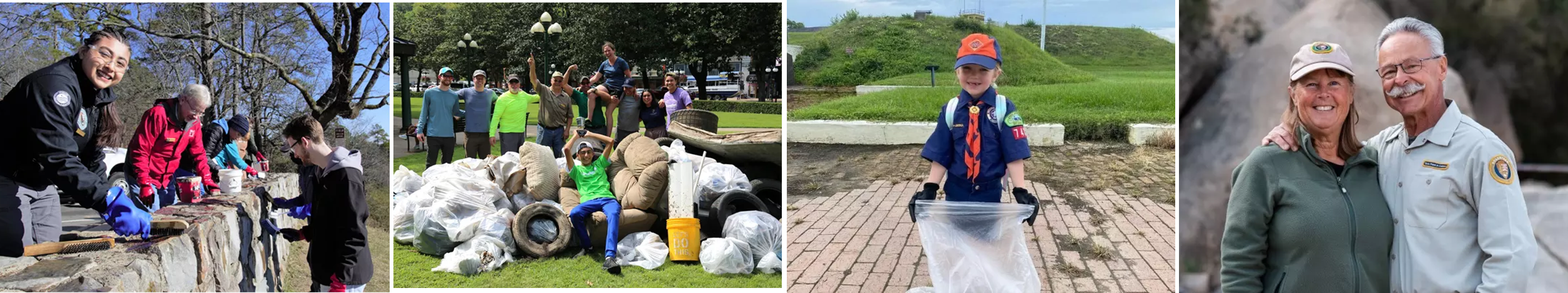 new&storiesbanner a montage of images of volunteers cleaning a wall, collecting debris and smiling for a photo