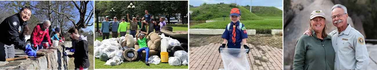 new&storiesbanner a montage of images of volunteers cleaning a wall, collecting debris and smiling for a photo