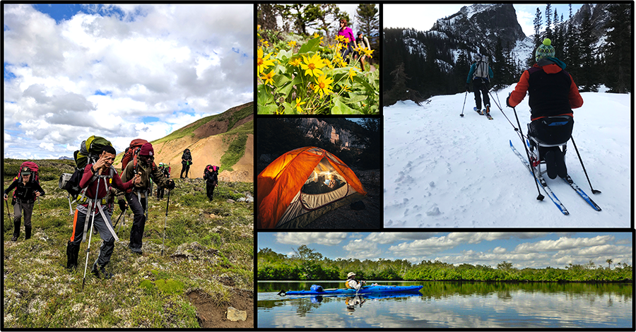 Photo collage of people hiking, camping, skiing, and kayaking in wilderness.