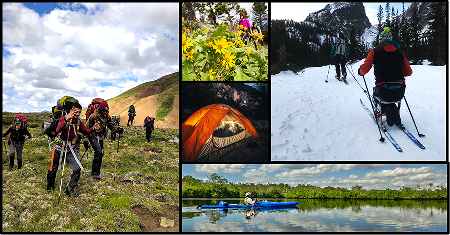 2021 Report Cover Photo collage of people hiking, camping, skiing, and kayaking in wilderness.