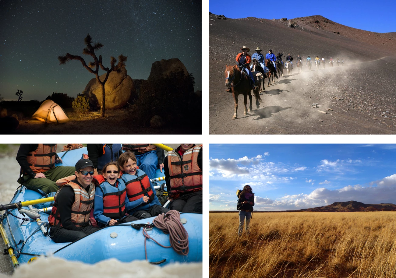 2024 Wilderness Report Photo Collage 2024 Wilderness Report collage including a tent below a starry night sky, a group of people riding on horses in a line down a trail, a family on a raft in river rapids, and a person standing in a large open field with mountains in the background.