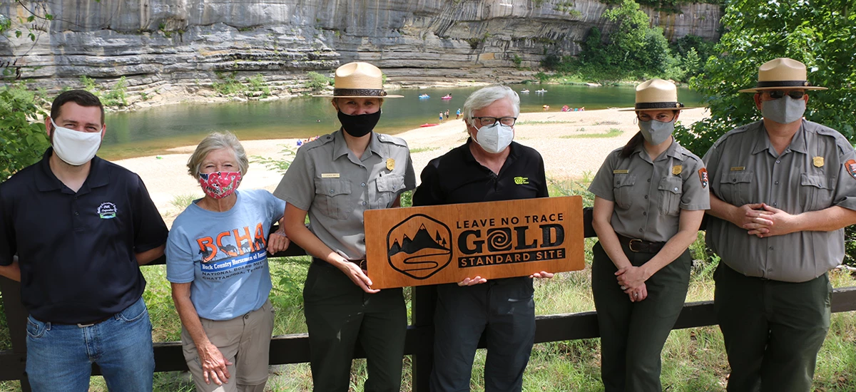 Staff receive award. Buffalo National River staff receive the Leave No Trace Gold Standard Site Award.