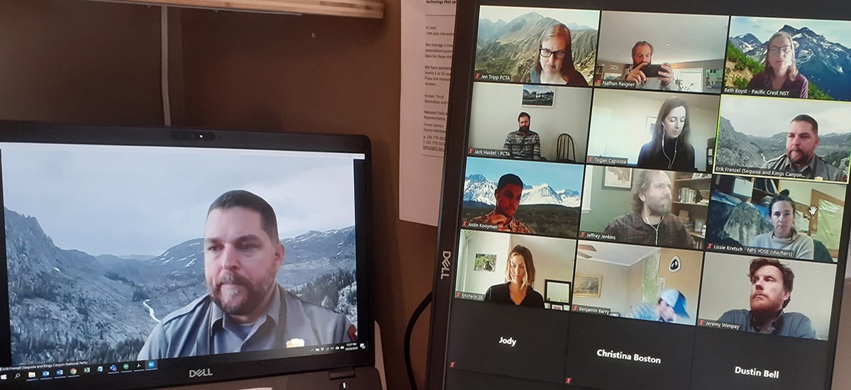 Members of the Central Sierra Work Group meet over video conference to discuss wilderness topics.