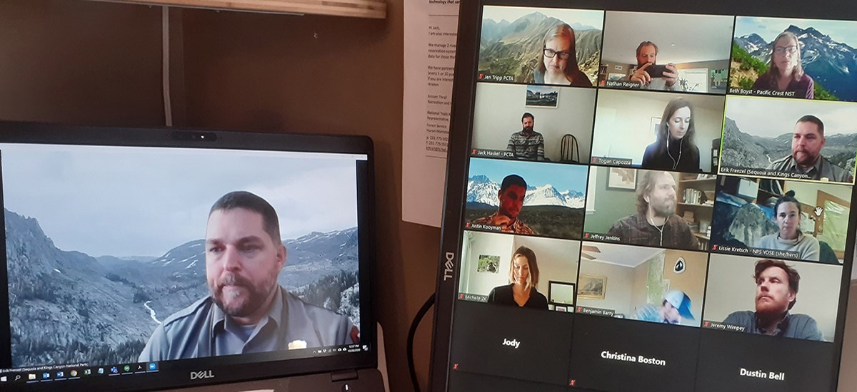 Central Sierra Work Group members on video. Members of the Central Sierra Work Group meet over video conference to discuss wilderness topics.