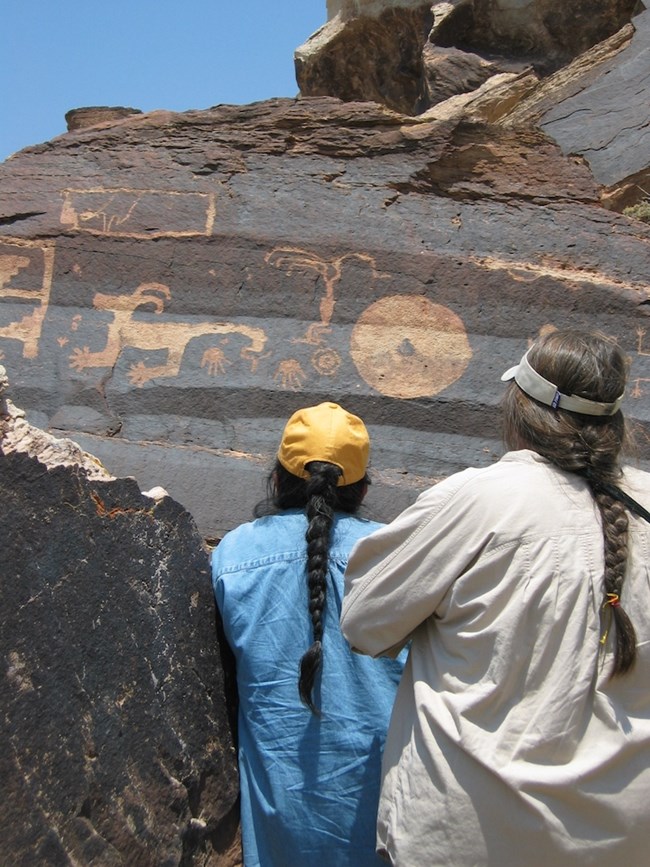 PEFO Petroglyph People view petroglyphs carved into rock.