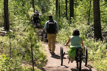Group of hikers and wheelchair users travel along a trail.