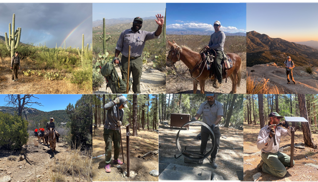 A photo collage that features several individuals in outdoor, desert environments.