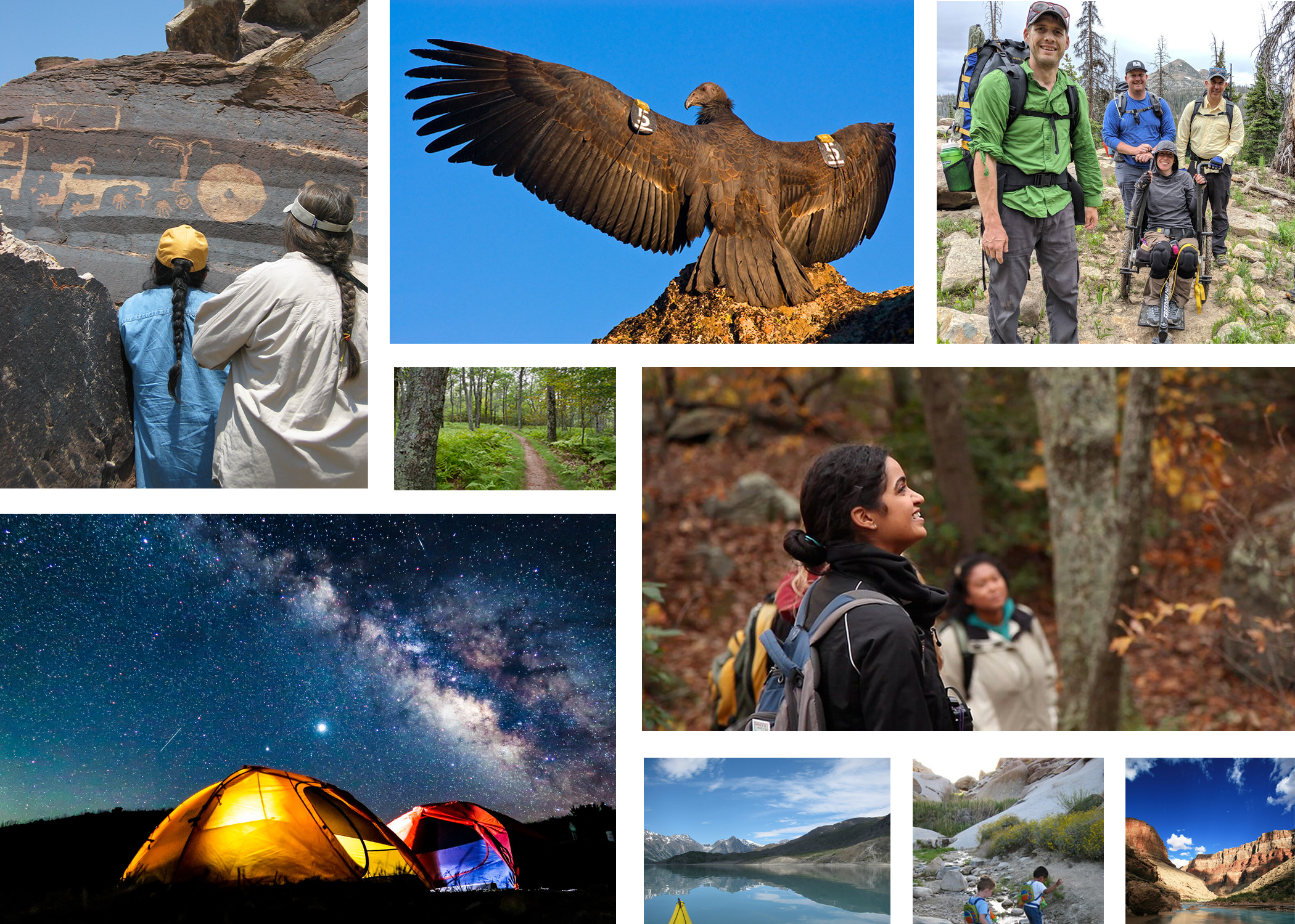 Wilderness benefits collage Collage of images featuring people in different wilderness areas.
