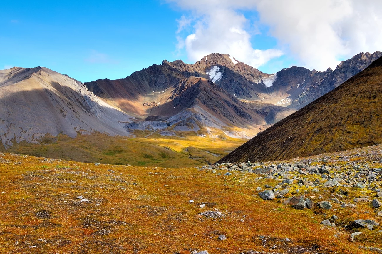Wrangell-St. Elias Wilderness Mountain valley view in the Wrangell-St. Elias Wilderness.