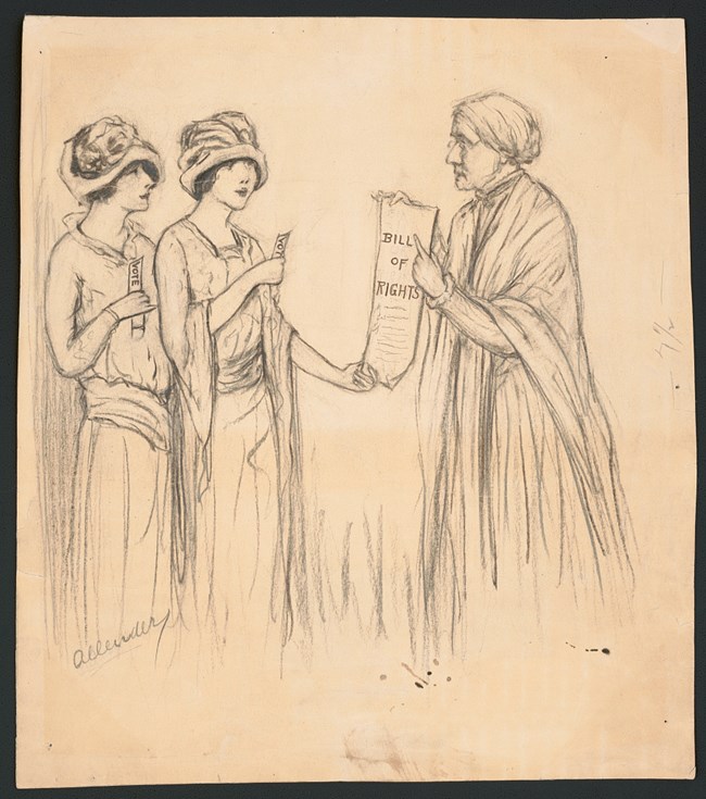 Susan B Anthony shows 1920s women the Woman's Bill of Rights. "Everything left but the vote" 1923 by Nina Allender. Library of Congress