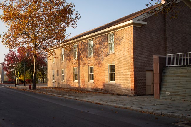 The 1848 Women's Rights Convention was held in Wesleyan Chapel in Seneca Falls, New York. Large two-story red brick building lined with windows