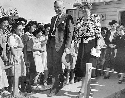 lt= Mrs. Eleanor Roosevelt, accompanied by WRA National Director Dillon S. Myer, visits the Gila River Relocation Center.