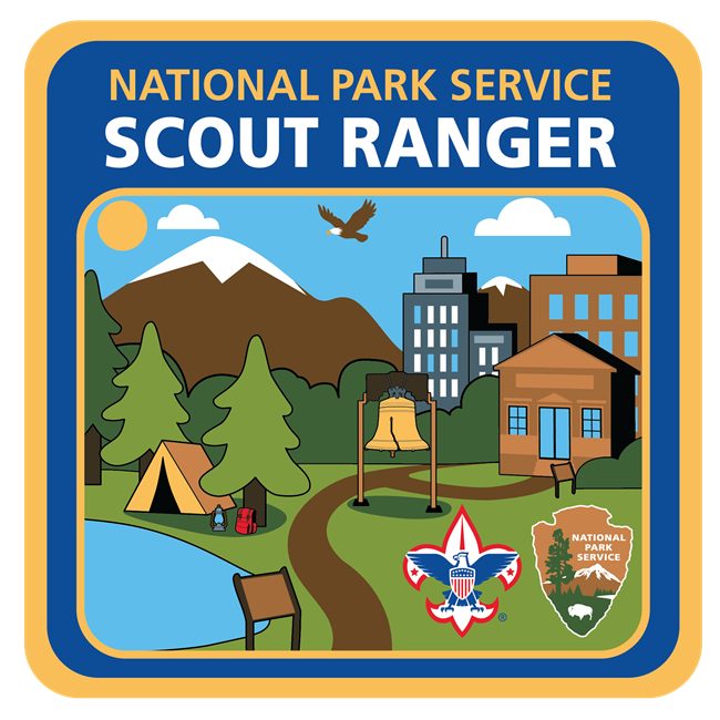 Rectangular-shaped patch with two logos and text, "National Park Service Scout Ranger"