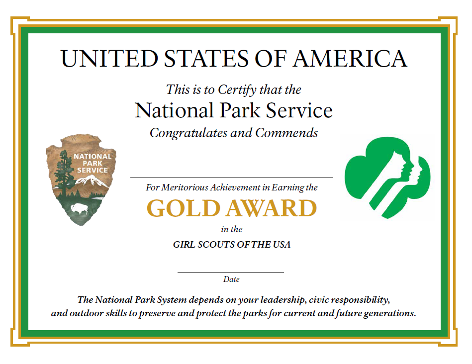 A screenshot of the Girl Scout Gold Award Certificate