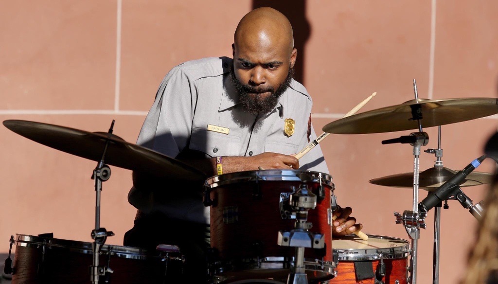 Hunter Miles Davis playing the drums