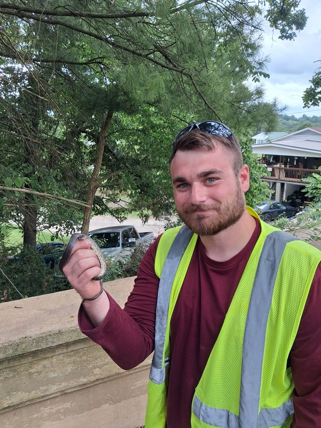 A person holds a snake