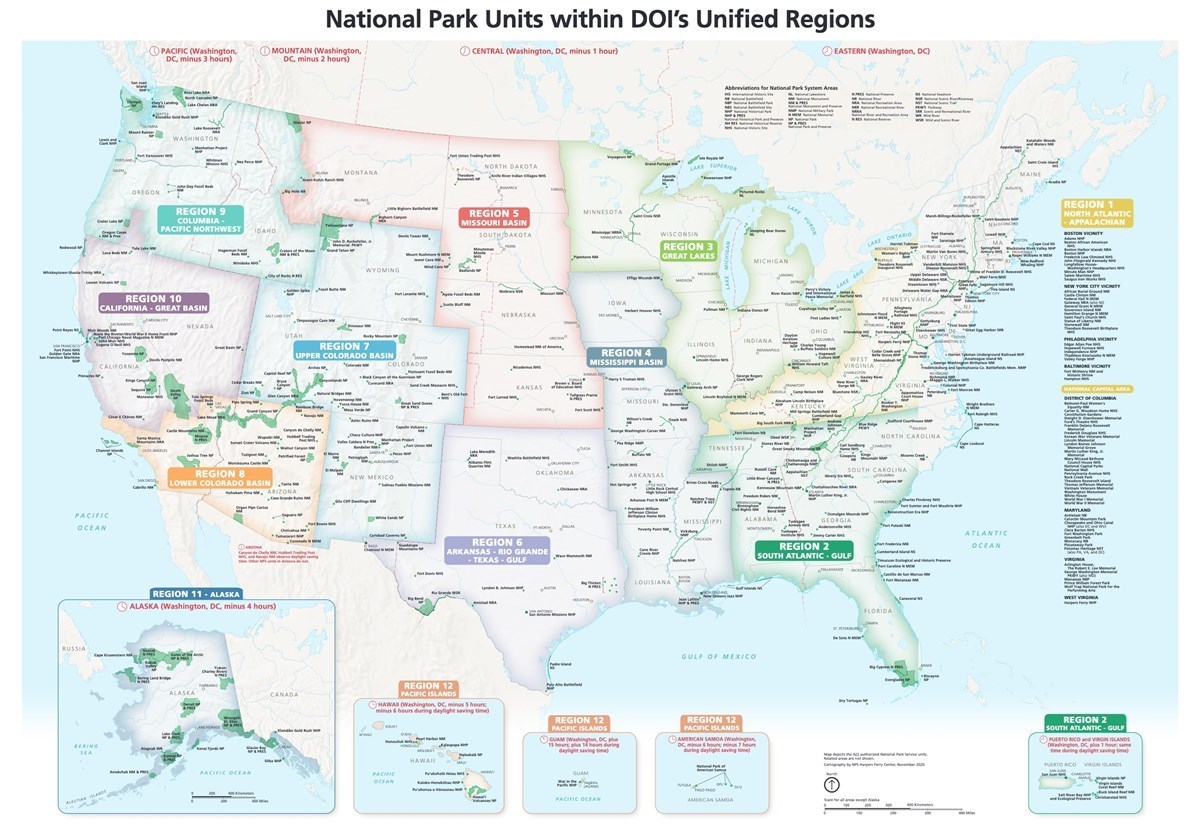 Graphic depicting National Park Service units within the U.S. Department of the Interior's unified regions