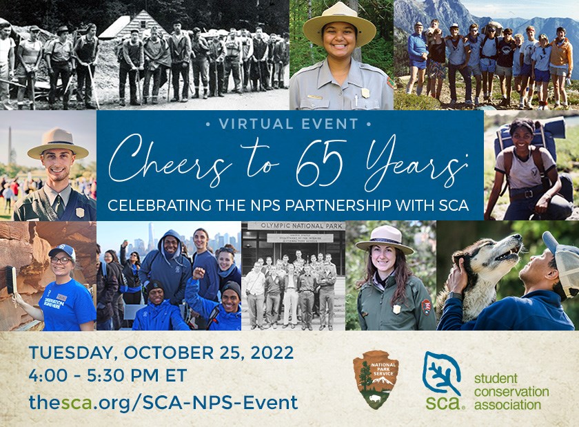 There are six pictures featured. Going clockwise from the upper left corner: A black and white photo of a group of men; An NPS staff in uniform; A Park staff member in uniform; An SCA member smiling with backpack on; An SCA member smiling in the SCA shirt