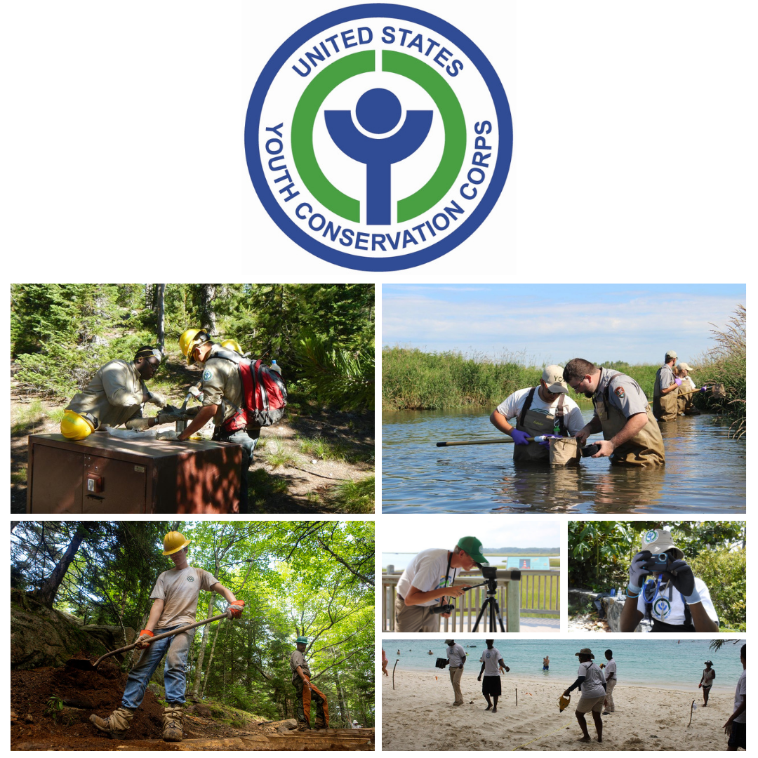 YCC Crew Members Working Hard YCC logo;YCC crew install a storage box(top, left);YCC crew works in a river(top, right);YCC member with a shovel(2nd row, left);YCC member looks through telescope(2nd row, left);YCC member takes a photo(2nd row, right);YCC crew cleans beach(bottom,right)