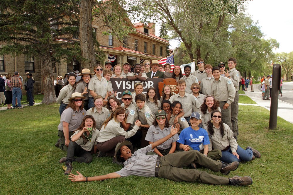 Superintendent Dan Wenk at the reopening celebration of Albright Visitor Center with REYP staff and members of the Youth Conservation Corps