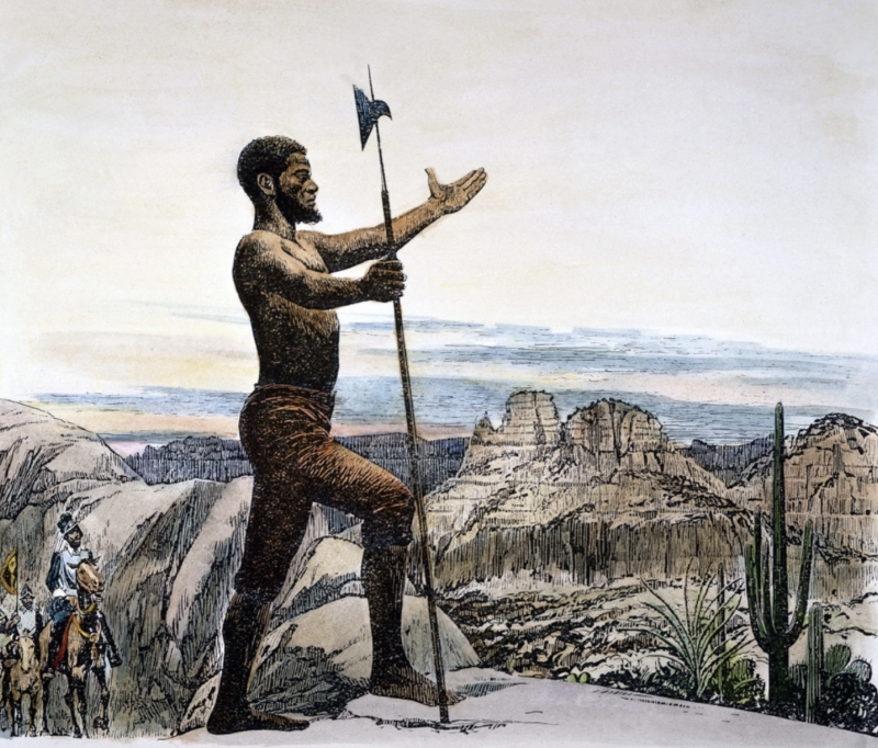 Colored line drawing of a black man standing on a ridge with his arm outstretched. In the background are two men on horses, mountains, and cacti