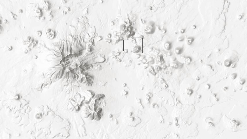 greyscale topographical map showing dozens of small volcanos and hills