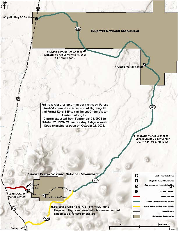 A map showing a total detour of 34 miles by way of entering through wupatki national monument.