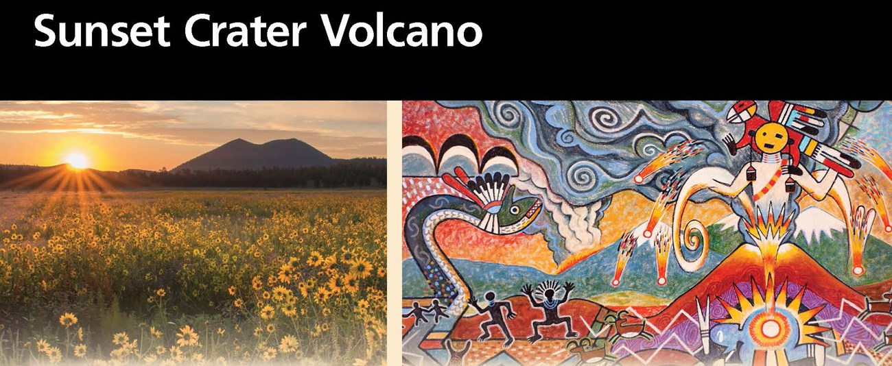 A standard NPS park brochure front with a black bar going across the top, white block text reading Sunset Crater Volcano, and two images below. The left image is Sunset Crater Volcano with a field of sunflowers in the foreground and a rising sun to the le