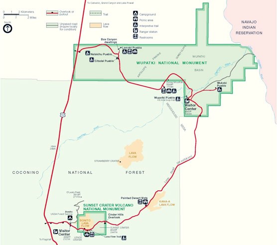 Multi color map of Sunset Crater, Wupatki, and the roads connecting them