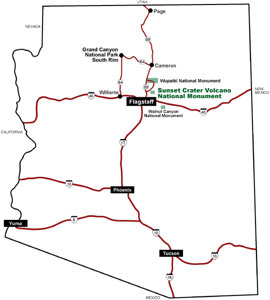 Basic map of the state of Arizona, showing major highways and cities, with Sunset Crater marked in green